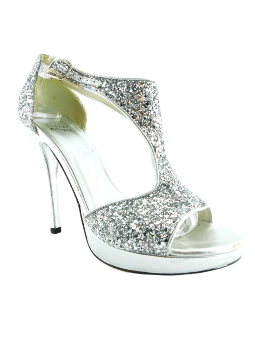 STUART WEITZMAN Silver Sparkle Glitter Ankle Strap Heel Sandals 9